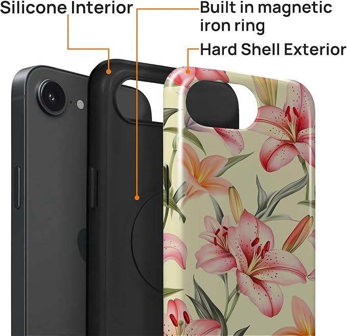 Magnetic Case for iPhone 16e,Compatible with Magsafe,PC Hard Shell Silicone Inner Bumper,Anti-Scratch Full-Body Cover Shockproof Slim Case for iPhone 16e - Hand Painted Lily